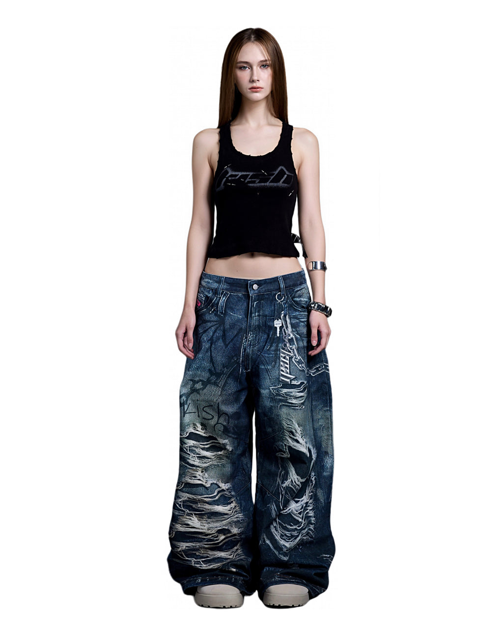 printer ripped jeans