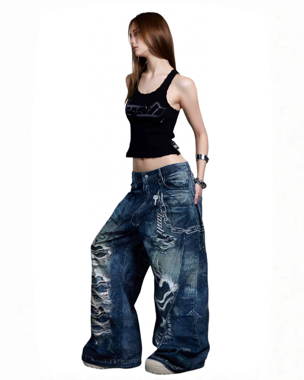 printer ripped jeans